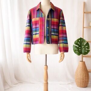 Vintage Rainbow Plaid Cotton Button Front Jacket Womens‎ Size 2 Cottagecore Boho